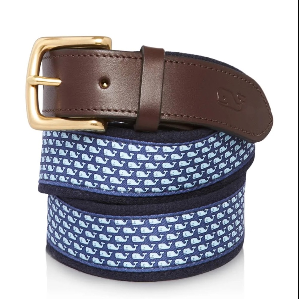 VINEYARD VINES Kid’s Vineyard Whale Canvas Club Belt Blue / Brown 30" long